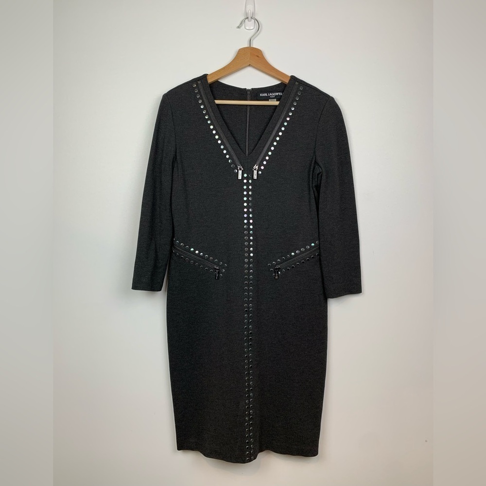 Karl Lagerfeld Paris Dress Gray Zips Studs Size 8 V Neck 3/4 Sleeves Cocktail